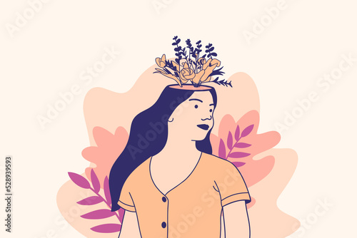 Illustrations beautiful flower inside female head for world mental health day design concept