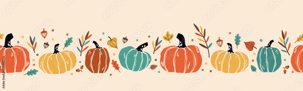 Lovely hand drawn Thanksgiving seamless pattern with pumpkins and sunflowers, great for textiles, table cloth, wrapping, banners, wallpapers - vector design - obrazy, fototapety, plakaty 