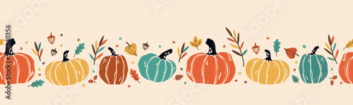 Lovely hand drawn Thanksgiving seamless pattern with pumpkins and sunflowers, great for textiles, table cloth, wrapping, banners, wallpapers - vector design photo