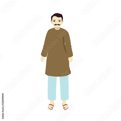 Portrait Of Indian Man Wearing Kurta Pajama In Standing Pose On White Background.