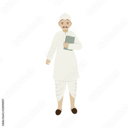 Portrait Of Indian Man Holding Book In Dhoti And Kurta On White Background.