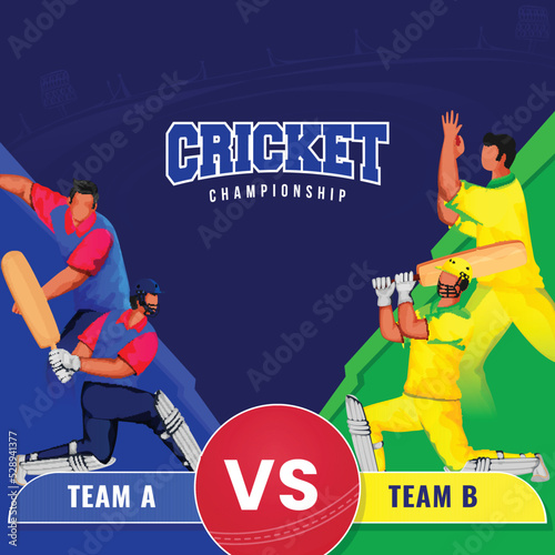 Cricket Championship Poster Design With Participating Cricket Player Team Of England VS Australia On Blue And Green Background.