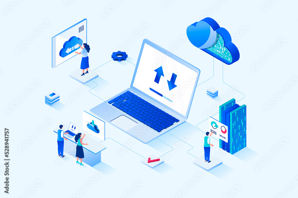 Cloud computing 3d isometric web design. People transfer data, share security access to online storage for other users, use hosting services or work with databases servers. Web illustration - obrazy, fototapety, plakaty 
