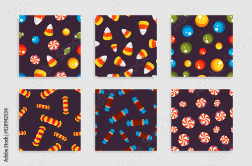 Candy sweet seamless pattern set vector illustration. Bright sugar caramel lollipops