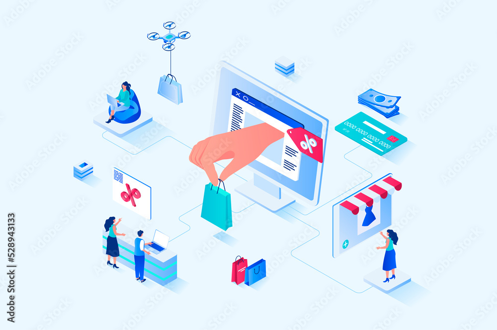 Discount of goods 3d isometric web design. People buy new products at best prices and offers at seasonal sales in online stores, ordering and paying for smart purchases. Web illustration