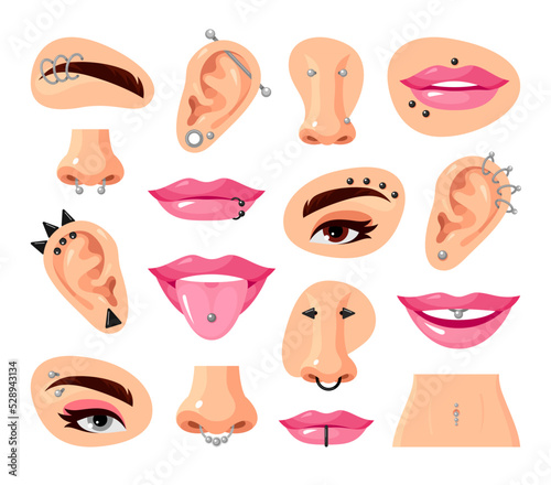 Piercing on woman face body parts set vector flat metallic earrings in nose ears eyebrows