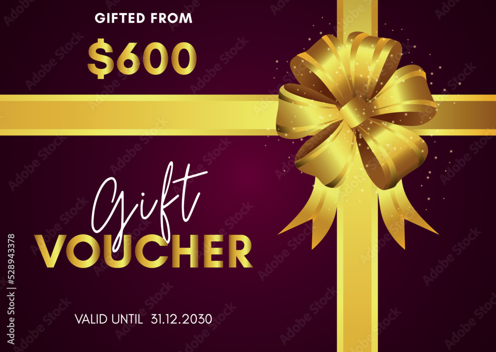 600 Dollar Gift voucher template design with golden bow on magenta background. Premium design for Discount gift coupons, vouchers, gift certificate, gift card, banner, internet ads, social media gift. 600 Dollar Gift voucher template design with golden bow on magenta background. Premium design for Discount gift coupons, vouchers, gift certificate, gift card, banner, internet ads, social media gift.