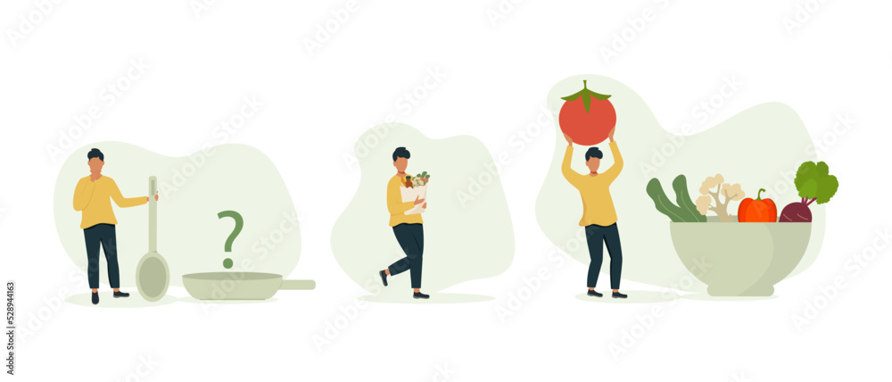 Fototapeta premium Illustration set with a person buying food and cooking healthy food. 