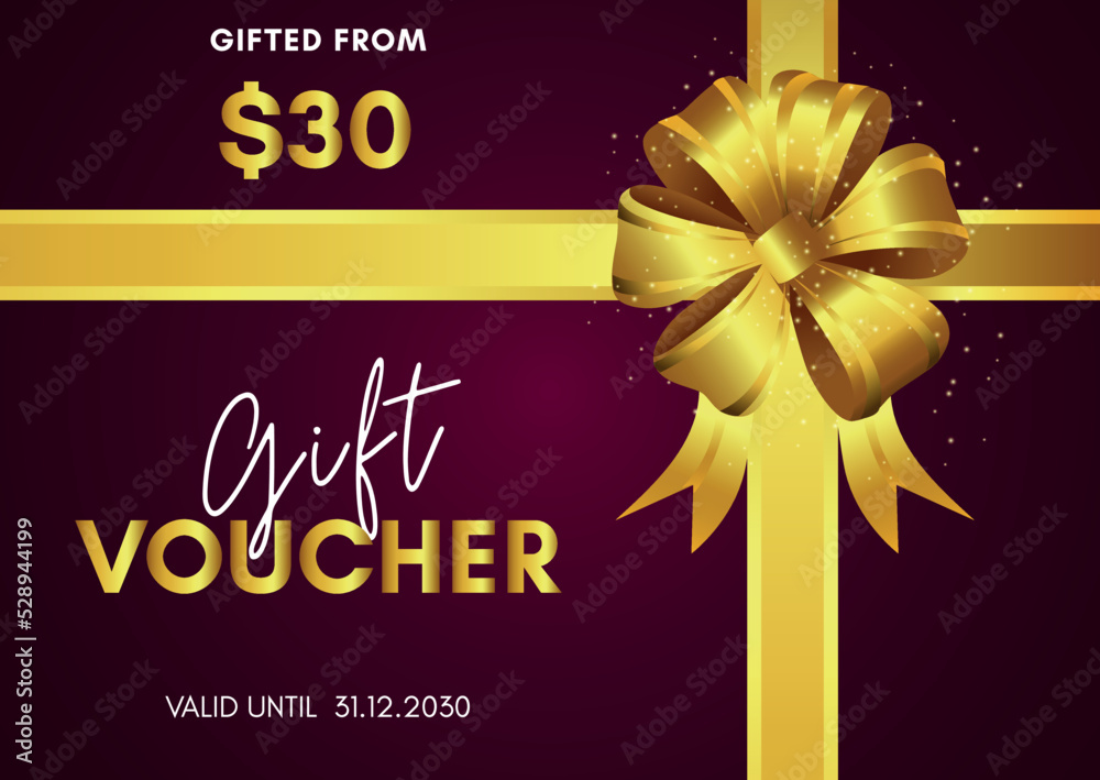 30 Dollar Gift voucher template design with golden bow on magenta background. Premium design for Discount gift coupons, vouchers, gift certificates, gift card, banner, internet ads, social media gift. 30 Dollar Gift voucher template design with golden bow on magenta background. Premium design for Discount gift coupons, vouchers, gift certificates, gift card, banner, internet ads, social media gift.