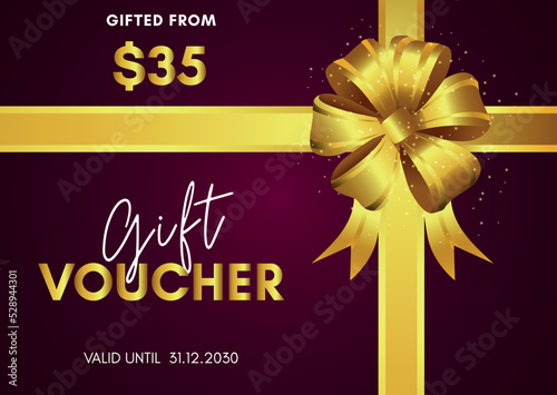 Obraz na płótnie 35 Dollar Gift voucher template design with golden bow on magenta background. Premium design for Discount gift coupons, vouchers, gift certificates, gift card, banner, internet ads, social media gift. w salonie