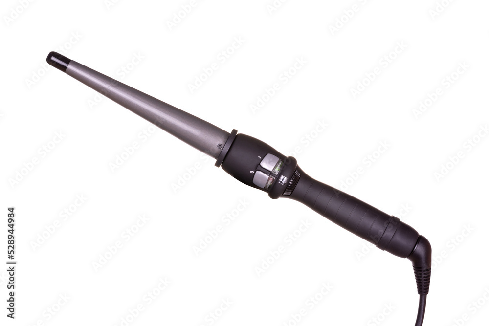 Professional hairdresser's tool for creating curls, styling, hairstyles. Conical curling iron. Isolated on white background Professional hairdresser's tool for creating curls, styling, hairstyles. Conical curling iron. Isolated on white background