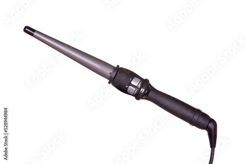 Professional hairdresser's tool for creating curls, styling, hairstyles. Conical curling iron. Isolated on white background