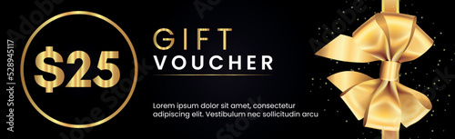 25 Dollar Gift voucher template design with gold bow and gold circle frames on black background. Premium design for Discount gift coupons, vouchers, gift certificates, gift card, banner.