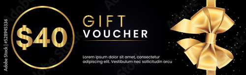 40 Dollar Gift voucher template design with gold bow and gold circle frames on black background. Premium design for Discount gift coupons, vouchers, gift certificates, gift card, banner.