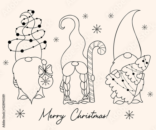 Cute christmas Scandinavian gnomes. New year gnome with christmas tree, garland and Christmas ball and caramel stick. Vector illustration. Linear hand drawing Doodle. Isolated winter characters.