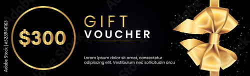 300 Dollar Gift voucher template design with gold bow and gold circle frames on black background. Premium design for Discount gift coupons, vouchers, gift certificates, gift card, banner.