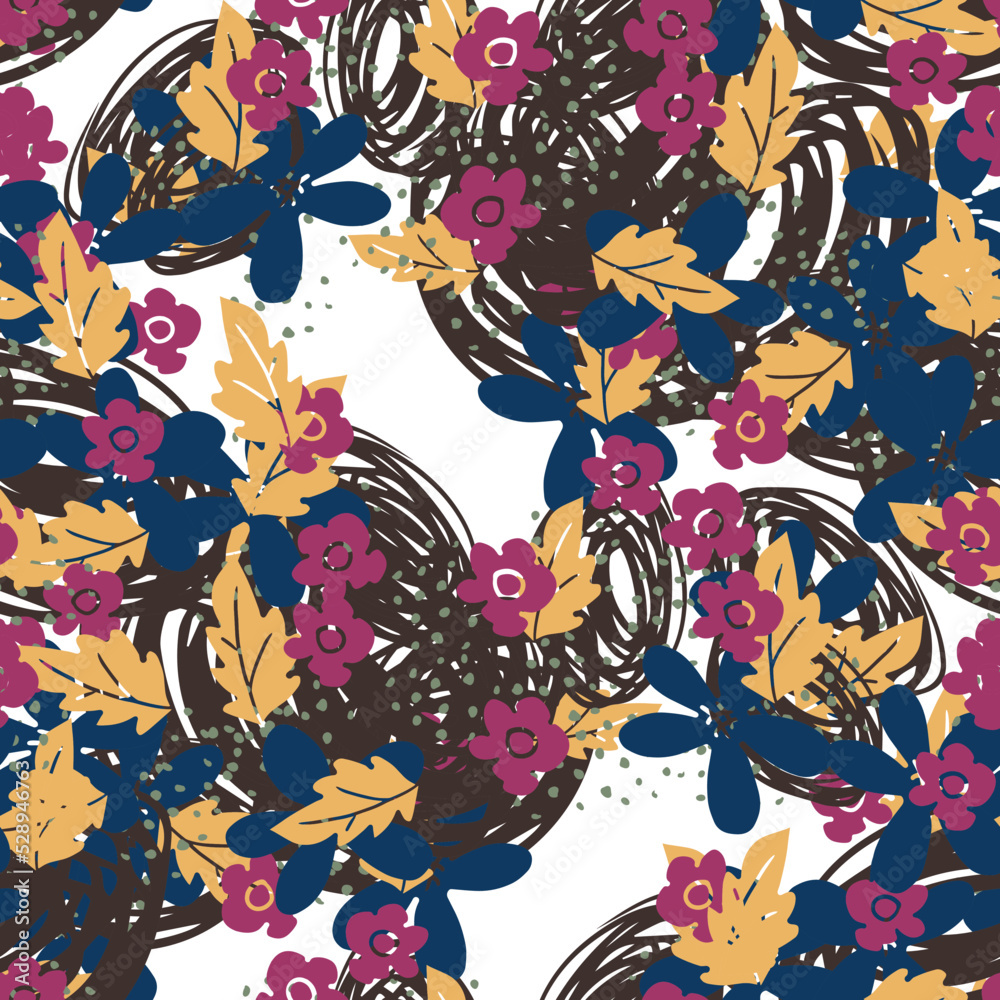 Obraz premium Abstract colorful messy doodle flower seamless pattern. Fantasy floral background. Ditsy floret texture.