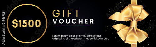 1500 Dollar Gift voucher template design with gold bow and gold circle frames on black background. Premium design for Discount gift coupons, vouchers, gift certificates, gift card, banner.