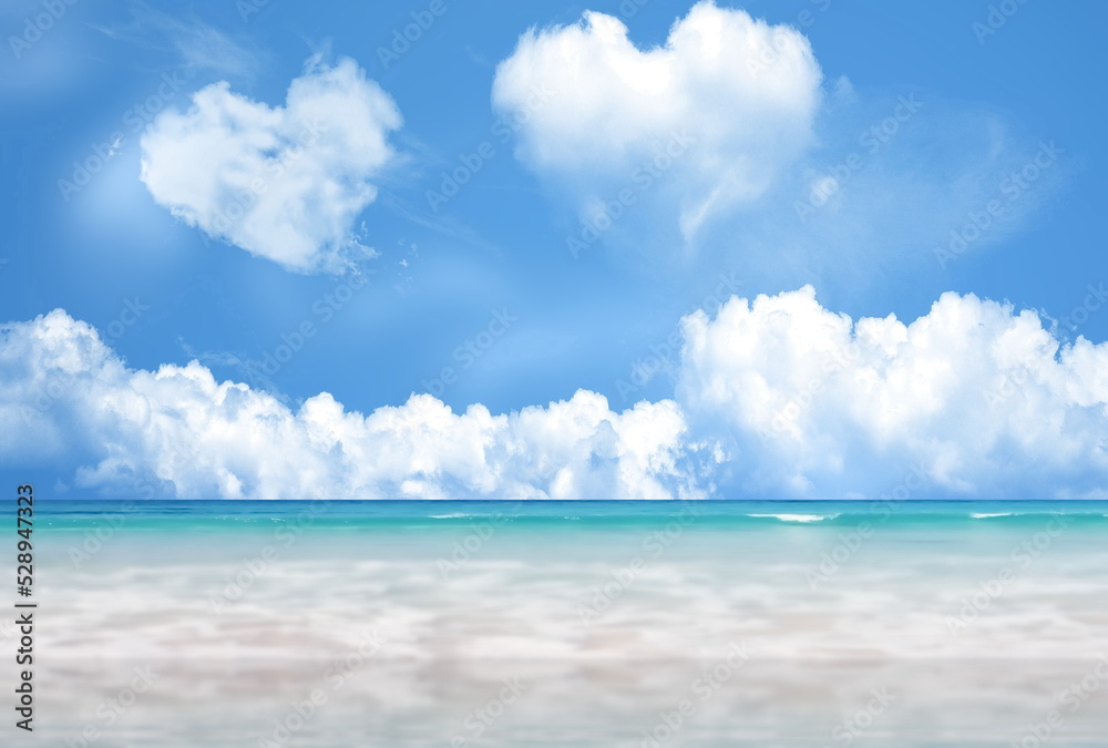   romantic blue sky white clouds in heart symbol on sea at beach