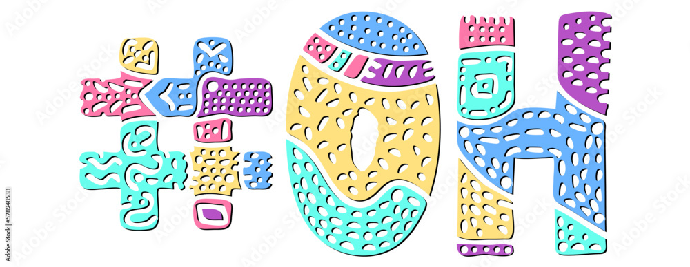 OH Hashtag. Multicolored bright isolate curves doodle letters. Hashtag #OH is abbreviation for the US American state Ohio for social network, web resources, mobile apps.