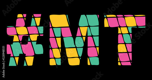MT Hashtag. Tricolor isolated letters from contrast flowing fluid shapes. 3 colored Hashtag #MT is abbreviation for the US American state Montana for social network, web resources, mobile app