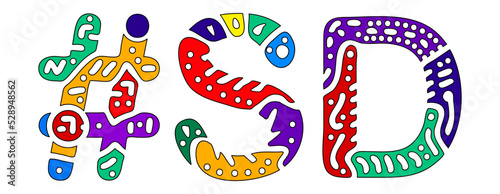 SD Hashtag. Multicolored bright isolate curves doodle letters. Hashtag #SD is abbreviation for the US American state South Dakota for social network, web resources, mobile apps.