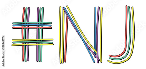 NJ Hashtag. Isolate neon doodle lettering text from multi-colored curved neon lines like from a felt-tip pen, pensil. #NJ is abbreviation for the US America state New Jersey for banner, social network