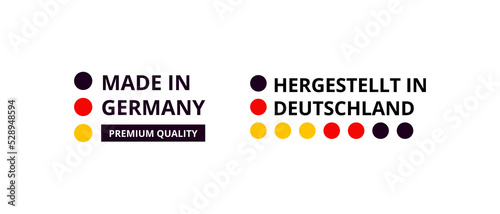 Made in Germany label set. Made in Germany stamp. Big set of label, stickers, pointer, badge, symbol and page curl with German flag icon on design element. 