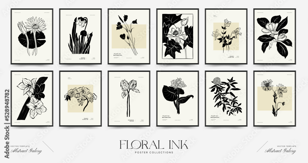 Abstract floral posters template collection. Modern Botanical trendy black style. Vintage flowers. Ink wall art. Abstract floral posters template collection. Modern Botanical trendy black style. Vintage flowers. Ink wall art.