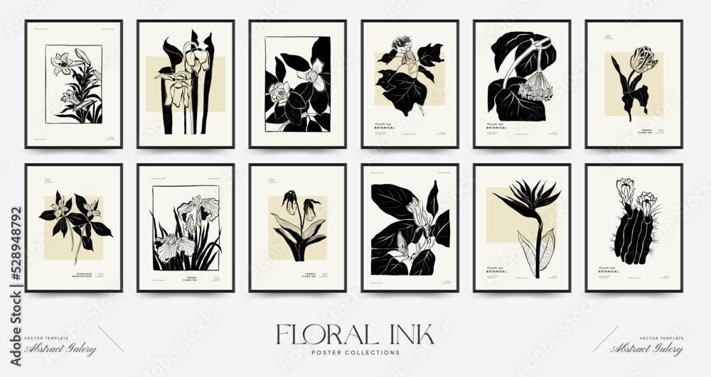 Abstract floral posters template collection. Modern Botanical trendy black style. Vintage flowers. Ink wall  art.