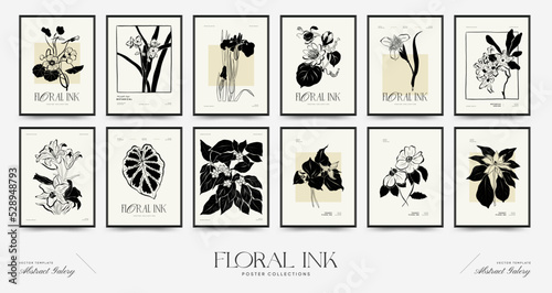 Abstract floral posters template collection. Modern Botanical trendy black style. Vintage flowers. Ink wall  art.