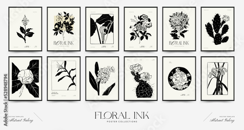 Abstract floral posters template collection. Modern Botanical trendy black style. Vintage flowers. Ink wall  art.