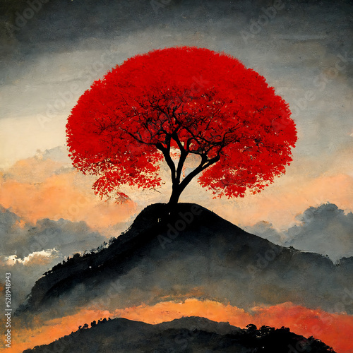 Japanese tree on a hill, Digital Art