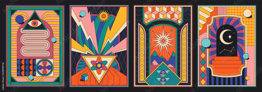 Set of retro posters. Colorful psychedelic banners or covers with abstract geometric shapes and moon. Design elements for wall decoration. Cartoon flat vector collection isolated on black background - obrazy, fototapety, plakaty 