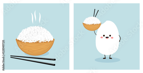 Wooden rice bowl and chopsticks on blue background vector illustration.