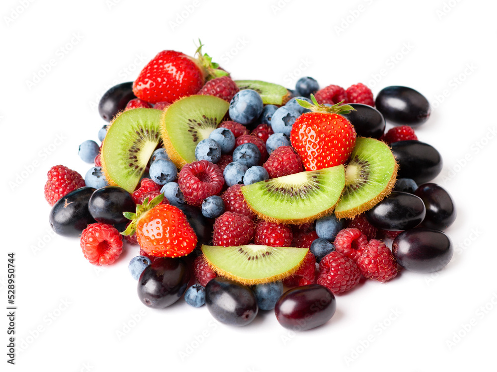 Obraz premium Fruits. Berries on white background. Fresh mixed fruit closeup