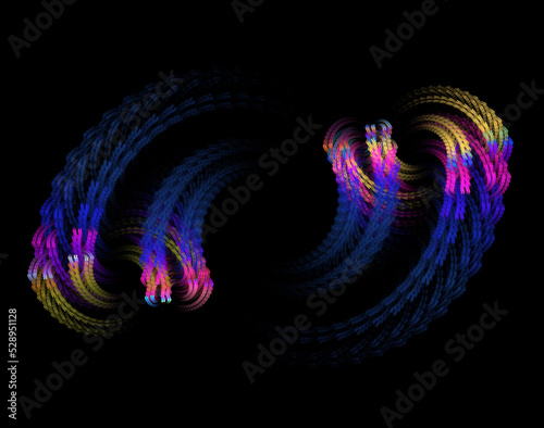 Symmetrical blue pink fractal on a black background.