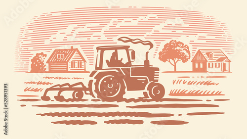 Tractor plowing field. Hand drawn sketch