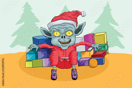 santa claus and gifts WITH ALIEN FACE