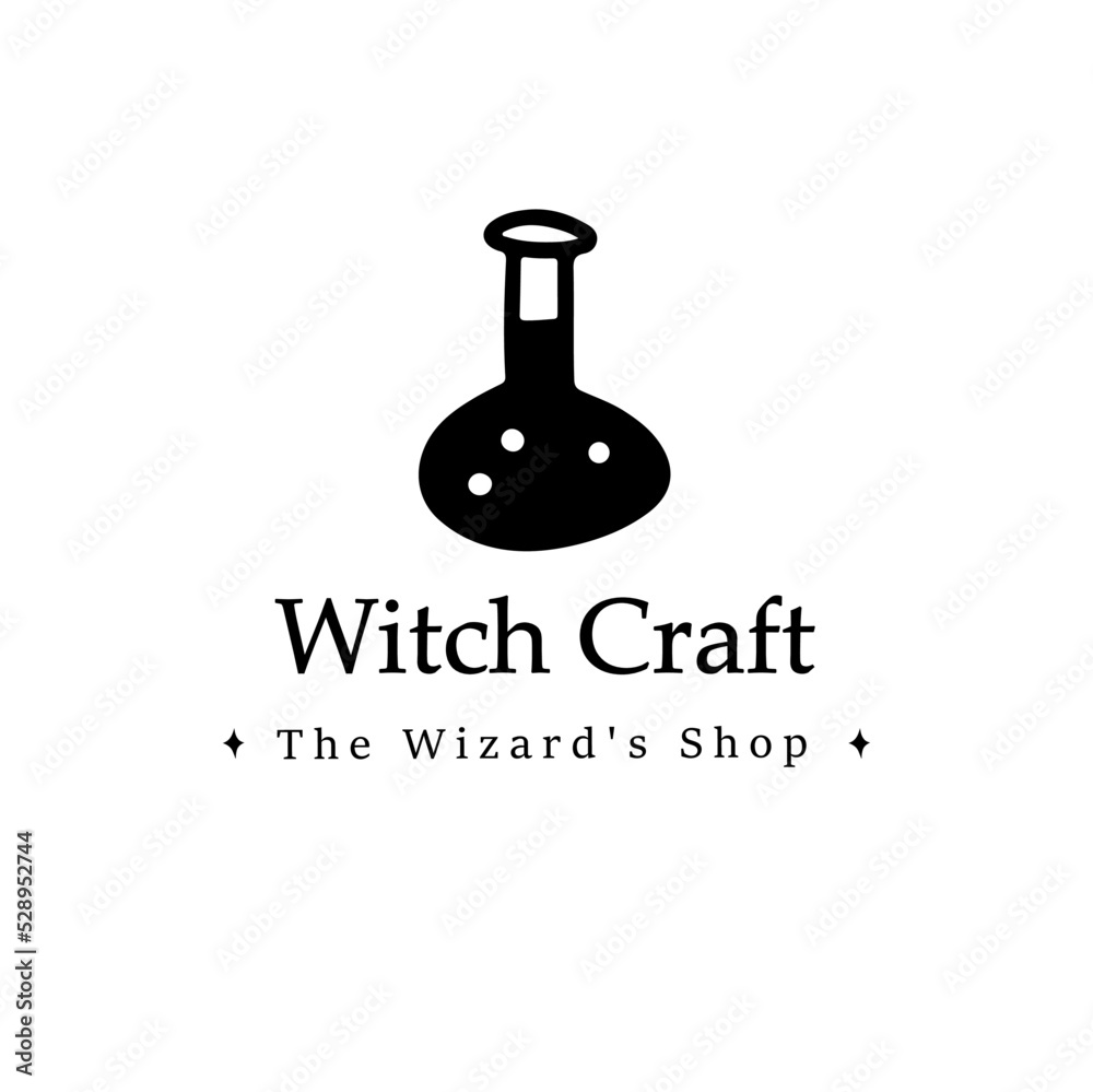 Line doodle black potion logo for wizard shop isolated on white background