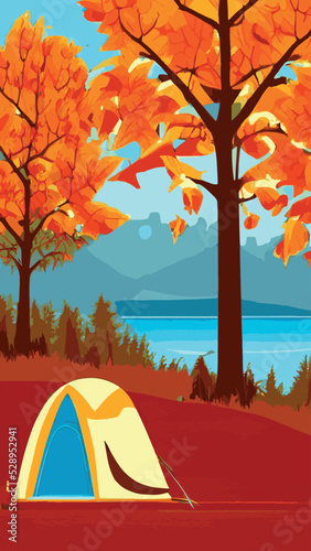 Camping picnic tent campground in outdoor hiking forest. 