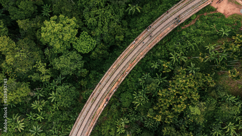 9 Arch Railway Bridge, Ella in Sri Lanka, a historic building set against a green tropical jungle background.