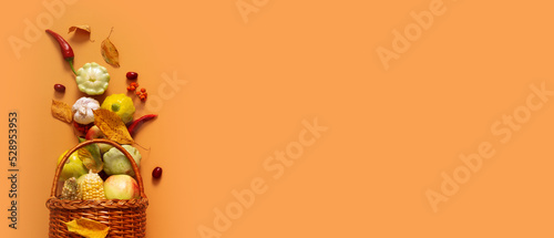 Autumn banner with harvest basket with corn, apples, zucchini and peppers on a orange background