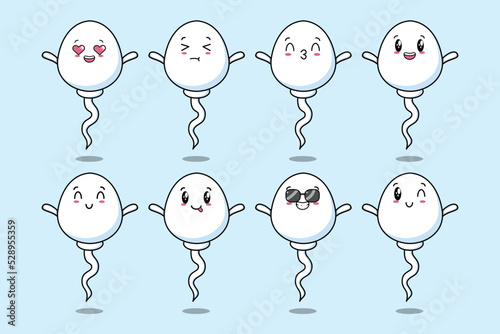 Set kawaii sperm cartoon character with different expressions of cartoon face vector illustrations