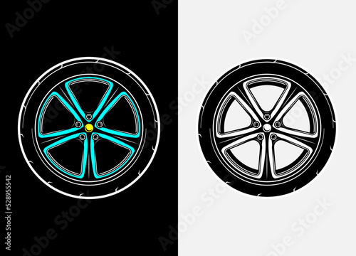 Different color set of car wheels, rubber tyre, car tyre, truck wheel illustration in race style. Racing wheels vector. Black and white isolated background. Eps 10.