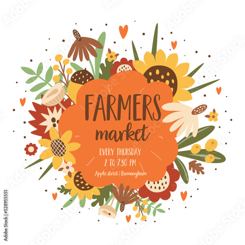 Harvest Festival poster. Autumn fest banner decorated pumpkin, sunflower fall leaves. Autumn harvest vector illustration. Autumn food Fall farmers market banner design. Farm organic food. Eco food.