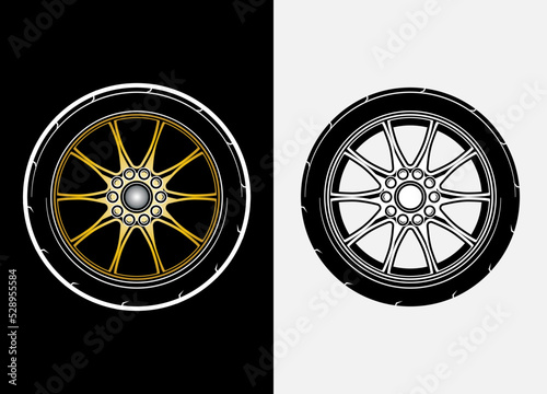 Different color set of car wheels, rubber tyre, car tyre, truck wheel illustration in race style. Racing wheels vector. Black and white isolated background. Eps 10.
