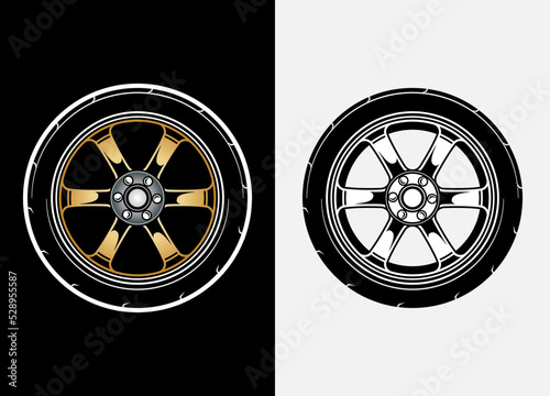 Different color set of car wheels, rubber tyre, car tyre, truck wheel illustration in race style. Racing wheels vector. Black and white isolated background. Eps 10.