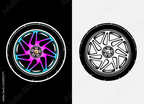 Different color set of car wheels, rubber tyre, car tyre, truck wheel illustration in race style. Racing wheels vector. Black and white isolated background. Eps 10.