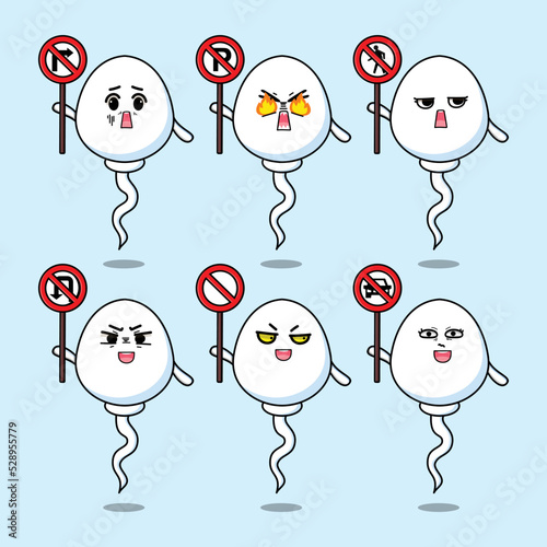 Cute sperm cartoon character holding traffic sign in modern flat style design